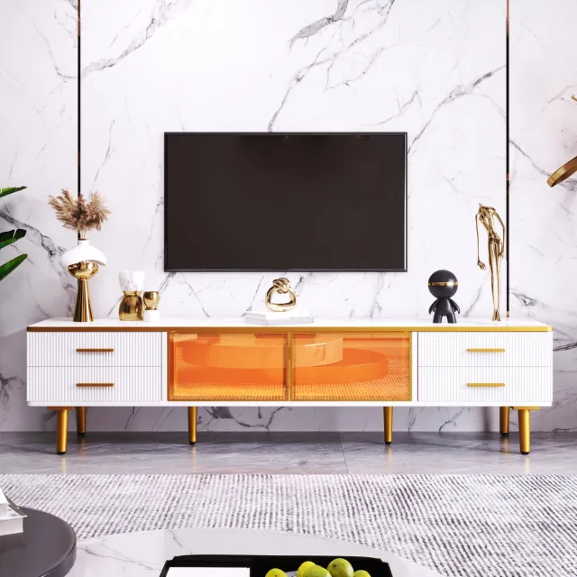 Zubaliya tv meubel - voor woonkamer en multimedia - 170x37x47,5 cm - wit marmerlook met bruin glas en gouden handgrepen - variabele LED-verlichting via app - 4 gestructureerde lades en 2 glazen deuren