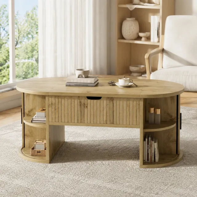 MEUNIQ Ovale salontafel 100 x 50 x 40,5 cm met in hoogte verstelbaar blad, schuifdeuren, open vakken en verborgen opbergruimte - Eiken