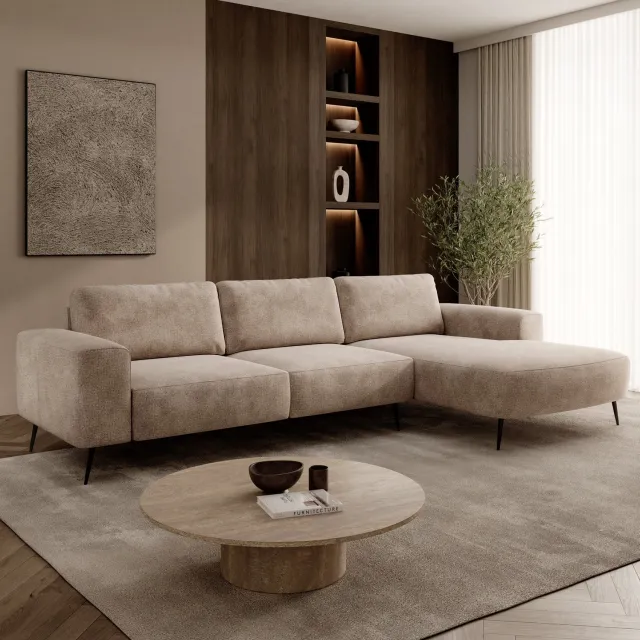 MEUBELLA Veldan - Hoekbank 3-zits - Stof beige - Rechts