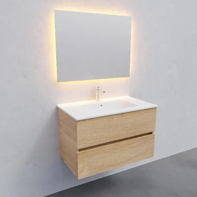 Boss & Wessing Badkamermeubel AQS Helsinki 80x46 cm Keramiek Wood Washed Oak 2 Laden Boss & Wessing Houtlook