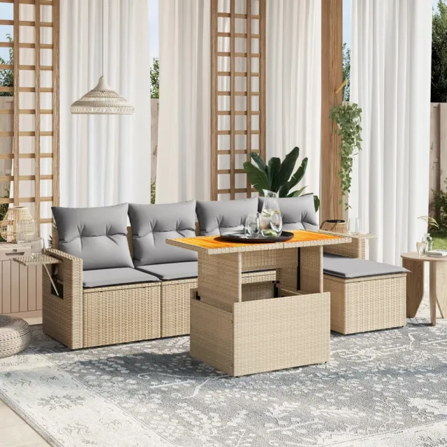 vidaXL 6-delige Loungeset met kussens poly rattan beige, foto 2