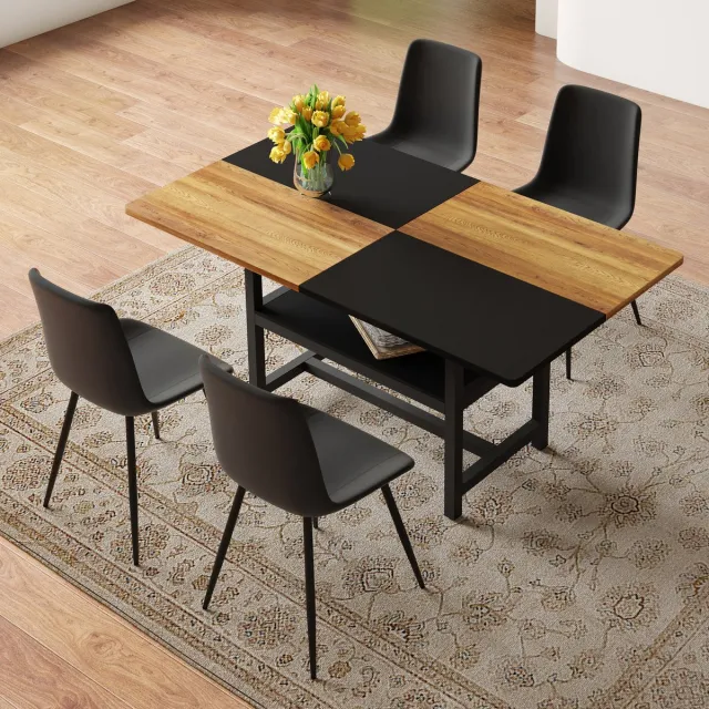 FloraGrace Eettafelset 160 Cm - Met Opbergplank En 4 Stoelen - Voor Keuken En Eethoek - MDF Metaal En PU - Bruin Zwart Zwarte houttintkleur + Zwart