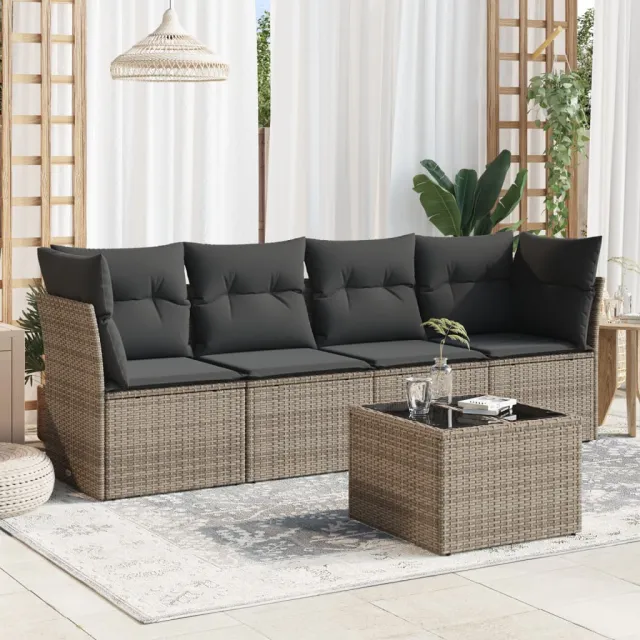 vidaXL 5-delige Loungeset met kussens poly rattan grijs, foto 2