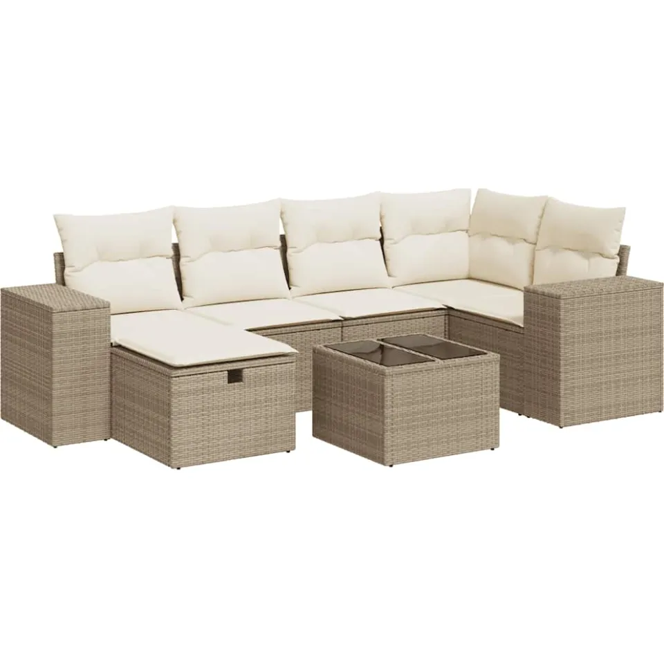 vidaXL 7-delige Loungeset met kussens poly rattan beige, foto 3