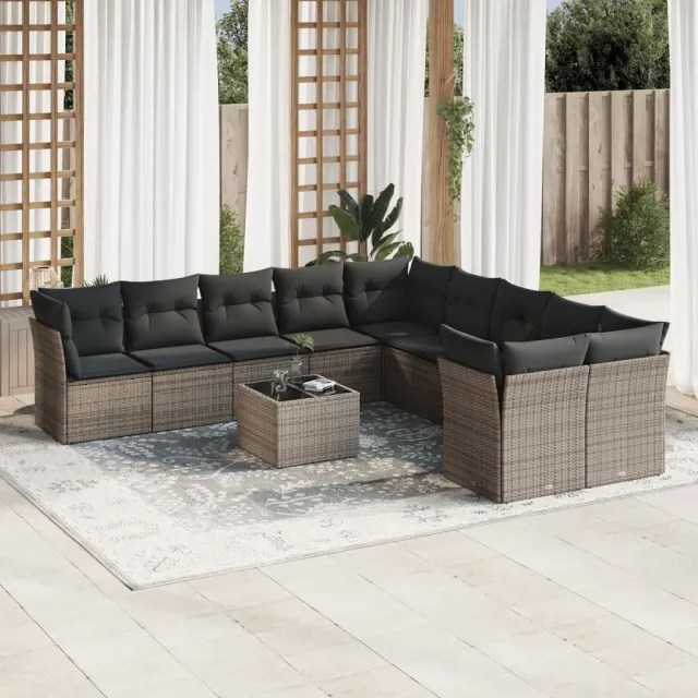 vidaXL 11-delige Loungeset met kussens poly rattan grijs, foto 2