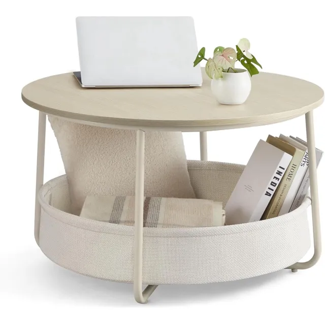Songmics VASAGLE LCT244K01 Round Coffee Table with Storage Space Side Table Living Room Table with Fabric Basket Modern Metal Frame Natural Beige/Cream White