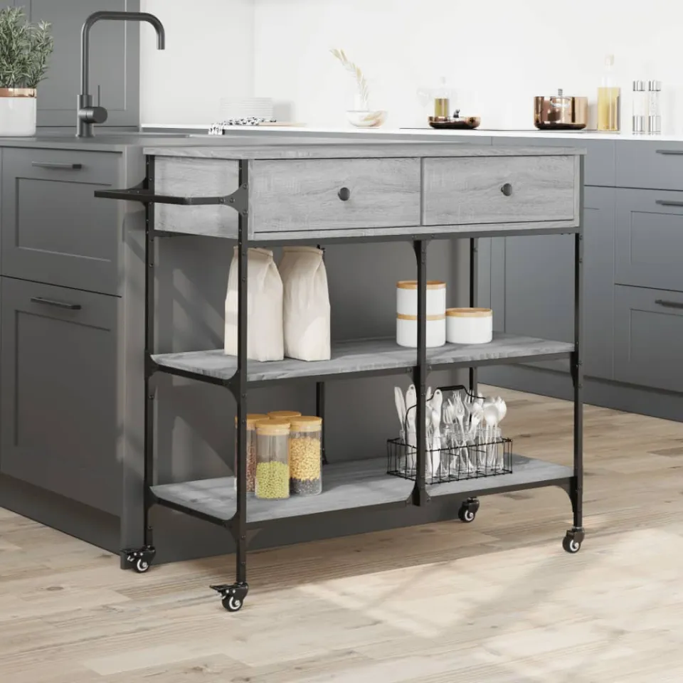 vidaXL Keukentrolley 105x42x95 cm bewerkt hout grijs sonoma eikenkleur, foto 4