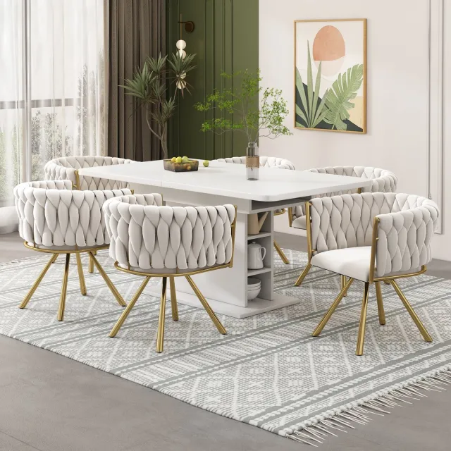 Clruro Eetkamerstoelen - 6 Stuks - Luxe Draaistoel met Metalen Poten - Modern en Licht - Fluweel - Beige/Goud