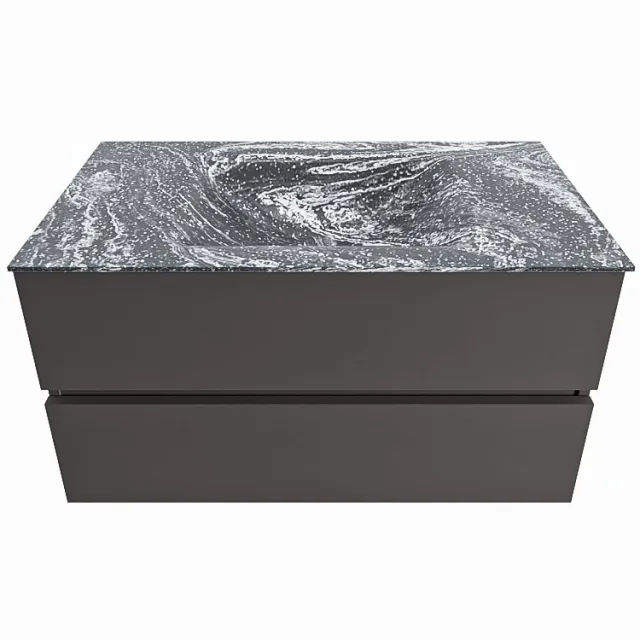 Mondiaz VICA-DLUX 90cm badmeubel onderkast Dark grey 2 lades. Inbouw wastafel CLOUD midden zonder kraangat, kleur Lava.