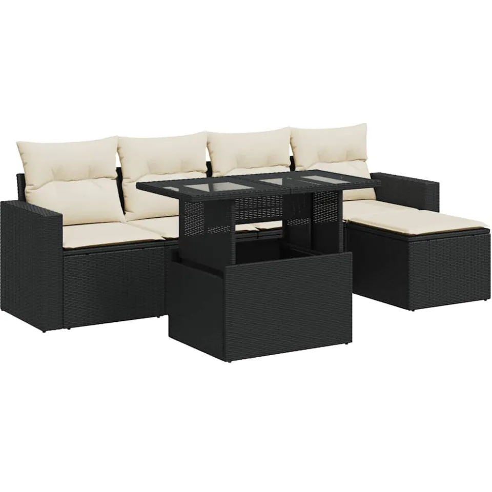 vidaXL 6-delige Loungeset met kussens poly rattan zwart, foto 3