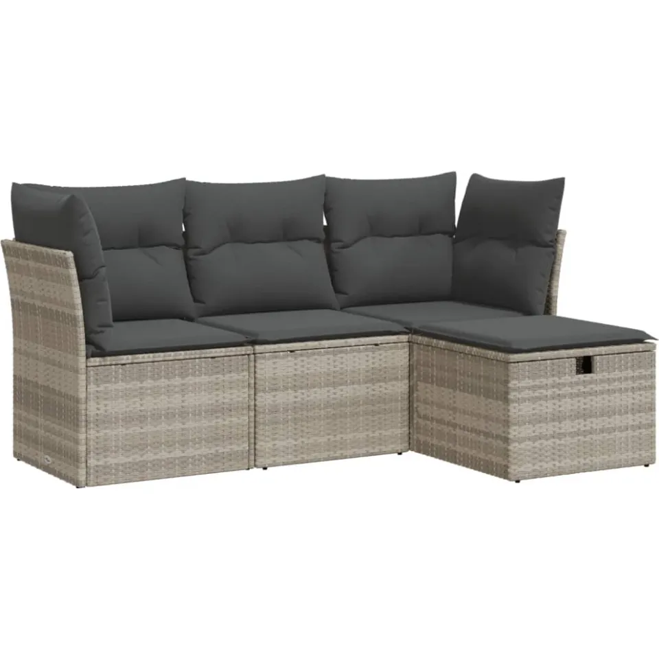 vidaXL 4-delige Loungeset met kussens poly rattan lichtgrijs grijs, foto 3