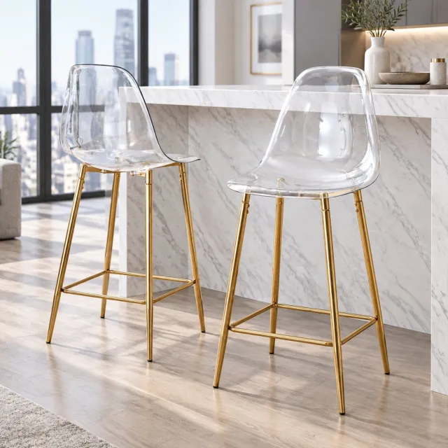 CHICFURN Barkruk - Set van 2 - Rugleuning - Voetsteun - Transparant goud