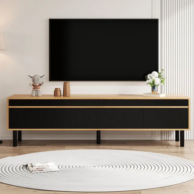 Wishdor Tv-Meubel - 4 Deuren Met Drukopener - Gestreepte Deurpanelen - Spaanplaat - Zwart En Naturhout - 170 X 38 X 47,7 Cm