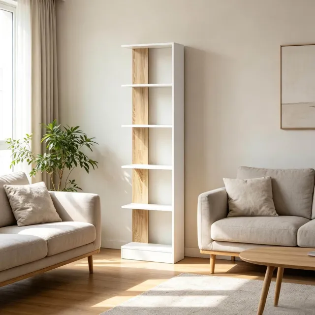 MODENUIT Boekenkast – 45 x 21 x 170 cm – 5 Open Vakken – E1-Spaanplaat – Wit En Eikenkleur – Staand