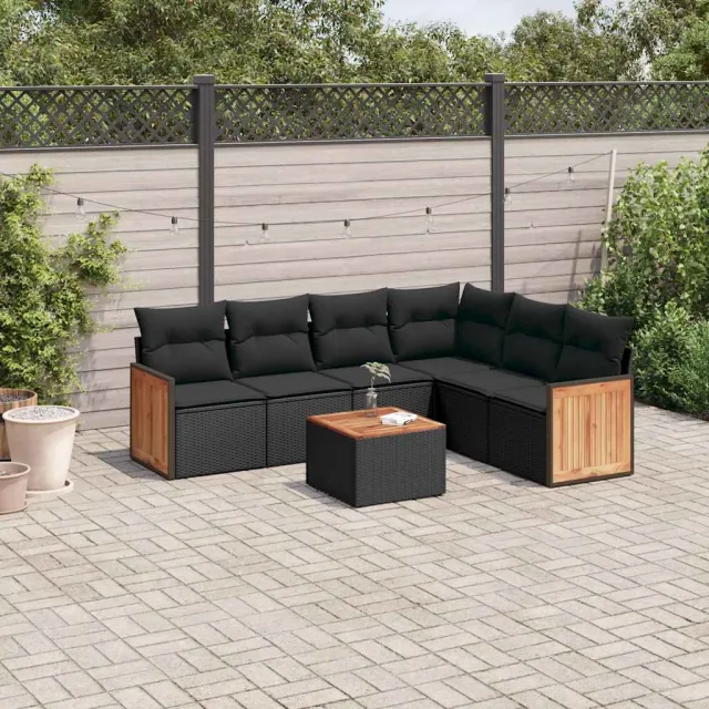 vidaXL 7-delige Loungeset met kussens poly rattan zwart, foto 2