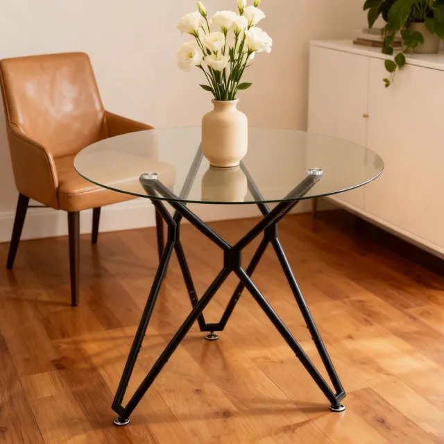 FloraGrace Ronde Eettafel 90 Cm - Met Geharde Glazen Tafelblad En Stabiele Metalen Poten - Voor Eetkamer En Woonkamer - Zwart