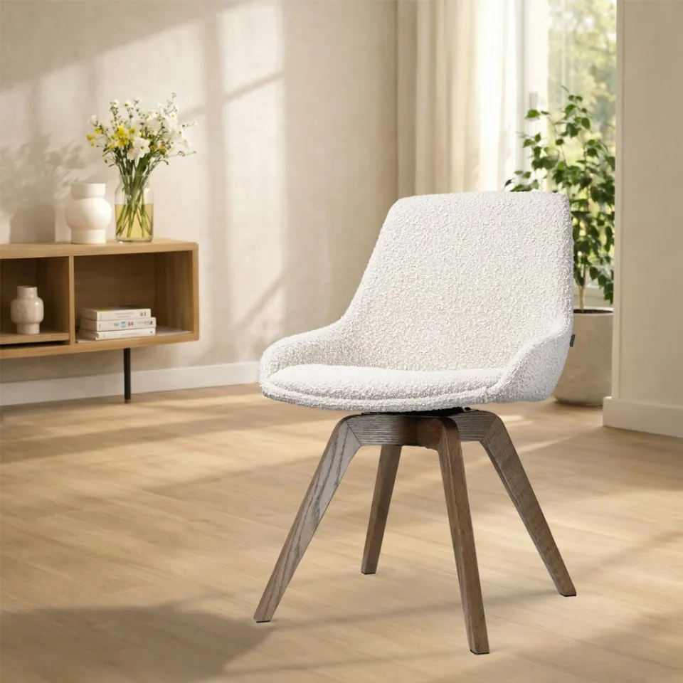 Nolon Noor-Isa draaibare eetkamerstoel bouclé beige - walnoot houten onderstel, foto 2