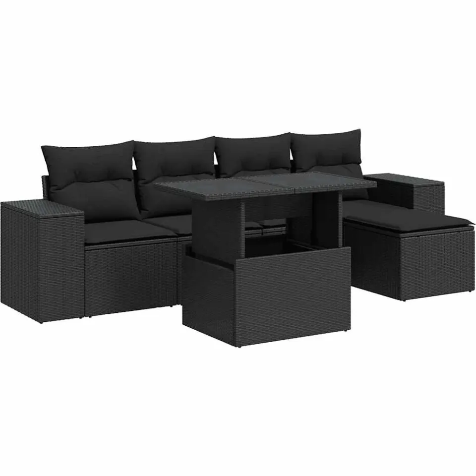vidaXL 6-delige Loungeset met kussens poly rattan zwart, foto 3