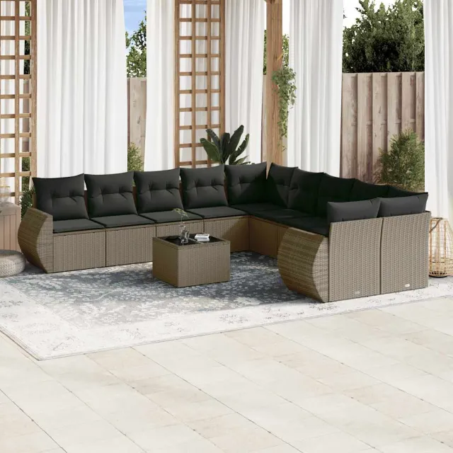 vidaXL 11-delige Loungeset met kussens poly rattan lichtgrijs grijs, foto 2