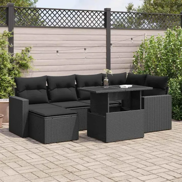 vidaXL 7-delige Loungeset met kussens poly rattan zwart, foto 2