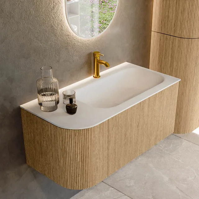 Mondiaz KURVE 95 cm Onderkast Greeploos 1 Lade Met Deuren Oak, Wastafel Solid Surface Rechts Talc 1 Kraangat Zonder Spiegel (KRVBGS95L1L1D1KR-Oak/Tal)