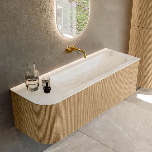 Mondiaz KURVE-DLUX 135 cm Onderkast Greeploos 1 Lade Met Deuren Oak, Wastafel Solid Surface Rechts Ostra 0 Kraangaten Zonder Spiegel (KRVBGM135L1L1D0KR-Oak/Ost)