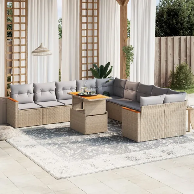 vidaXL 11-delige Tuinset met kussens poly rattan beige, foto 2