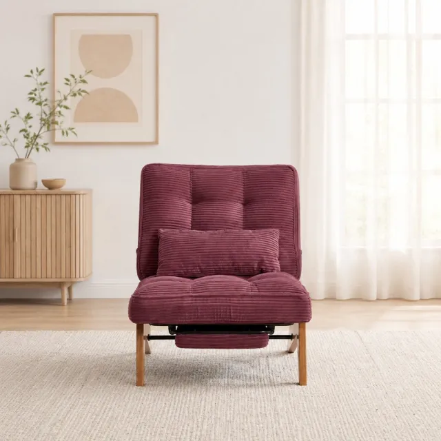 MODFU Relaxfauteuil - Verstelbare Rugleuning - Voetsteun - Retro - Hout - Wijnrood