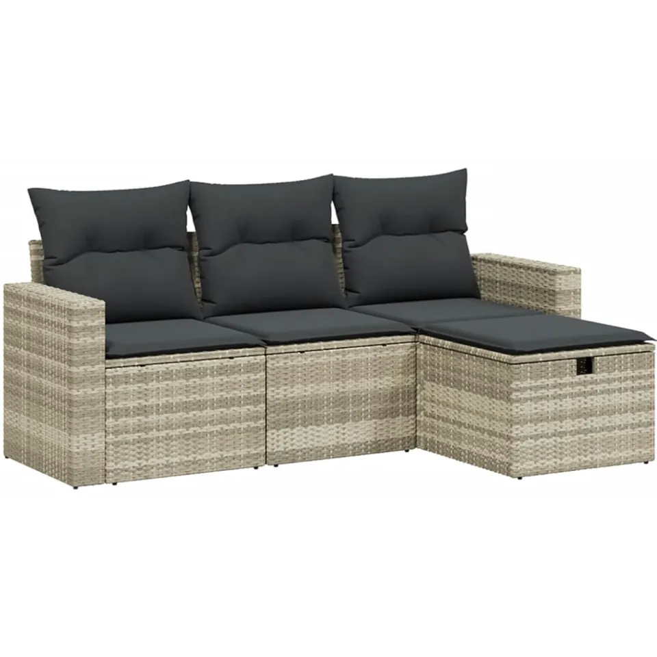 vidaXL 4-delige Loungeset met kussens poly rattan lichtgrijs grijs, foto 3