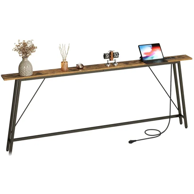 North Collective House of Balance Wandtafel - Console Tafel 200x15x82 cm - Industrieel Design met Laadstations - Smalle Haltafel - Hout en Staal – Hal Woonkamer Zwart