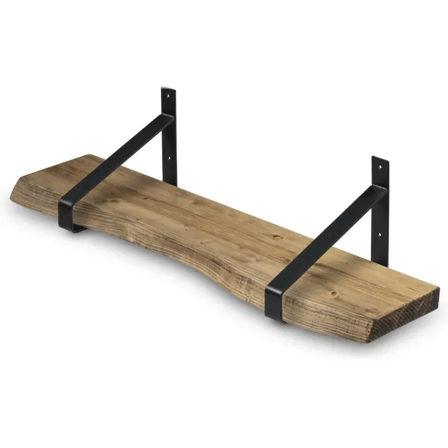Robustiek Wonen Wandplank Hout 300x20 cm Licht Bruin incl. Zwarte Stalen Plankdragers - Boomstam Plank – Boekenplank - Muurplank - Wandrek