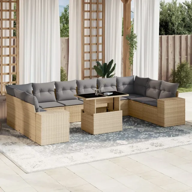vidaXL 11-delige Tuinset met kussens poly rattan beige, foto 2