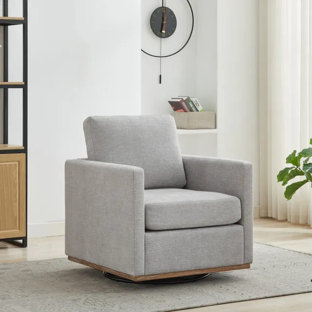 MEUNIQ draaibare fauteuil 85 x 78 x 88,5 cm – 360° loungestoel met armleuningen, chenille bekleding, afneembaar rugkussen en lage houten voet, grijs