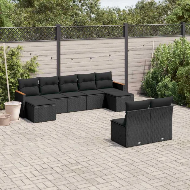 vidaXL 9-delige Loungeset met kussens poly rattan zwart, foto 2