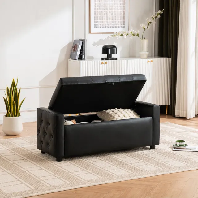 FloraGrace Opbergbank – 122 x 45 x 47 cm – Met Verborgen Opbergruimte en Gewatteerde Zitting – Voor Woonkamer, Slaapkamer en Hal – Kunstleer – Zwart