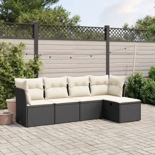 vidaXL 5-delige Loungeset met kussens poly rattan zwart, foto 2