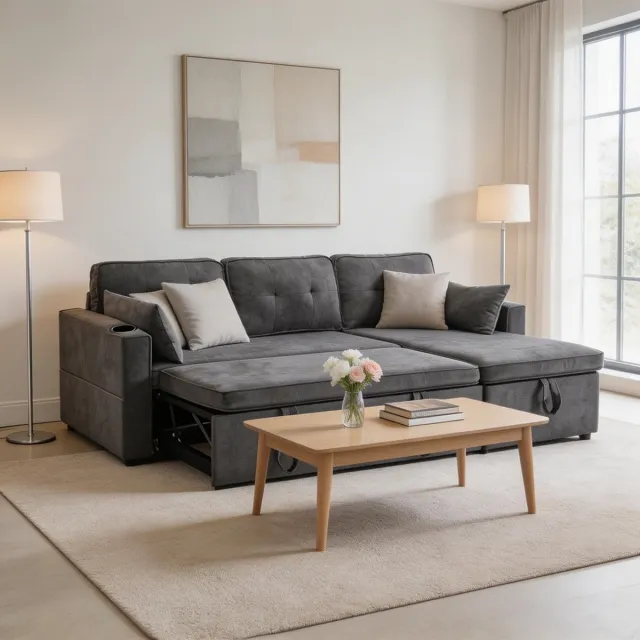 KOMHTOM Slaapbank met slaapfunctie - L-vormige bank in modern design - loungestoel met opbergruimte en bekerhouders - links en rechts omkeerbaar - geschikt voor de woonkamer Grijs