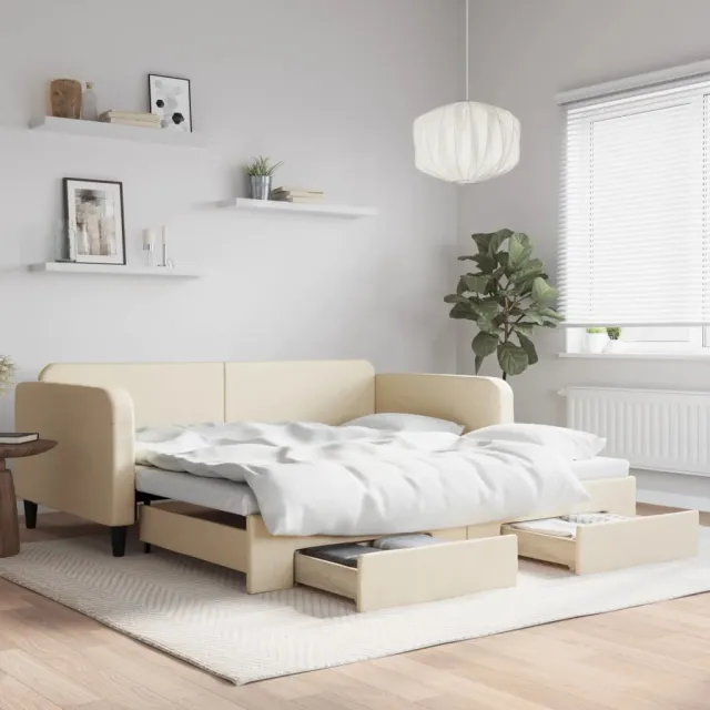 vidaXL Slaapbank met onderschuifbed en lades 100x200 cm stof crème
