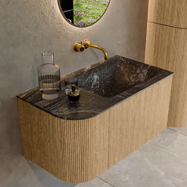 Mondiaz KURVE-DLUX 85 cm Onderkast Greeploos 1 Lade Met Deuren Oak, Wastafel Solid Surface Rechts Lava 0 Kraangaten Zonder Spiegel (KRVCLO85L1L1D0KR-Oak/Lav)
