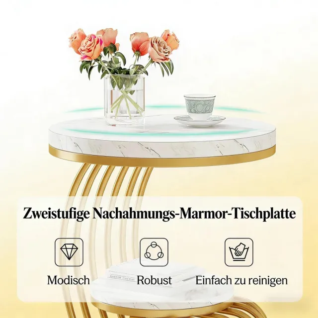 Wishdor Bijzettafel - Rond 2-laags ontwerp - Marmerlook tafelblad - Metalen frame - Modern voor woonkamer of slaapkamer - Goud en wit - 50 x 50 x 63 cm Gold