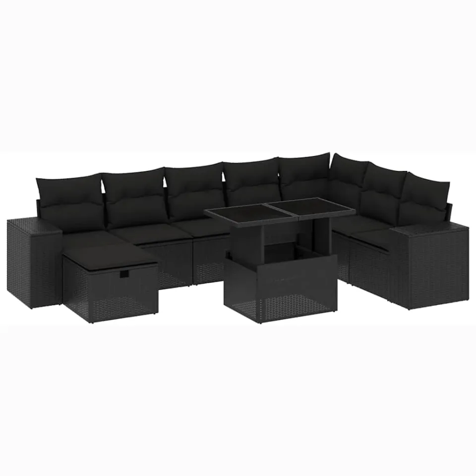 vidaXL 9-delige Loungeset met kussens poly rattan zwart, foto 3