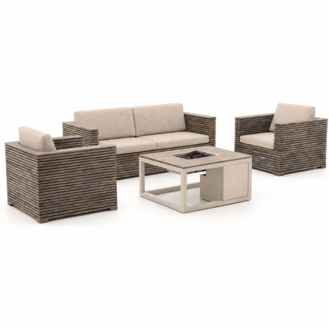ROUGH Furniture ROUGH-C/Cosiraw stoel-bank loungeset met vuurtafel 4-delig Taupe