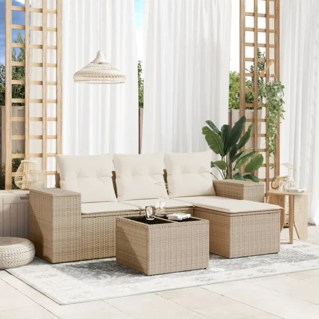 vidaXL 5-delige Loungeset met kussens poly rattan beige, foto 2