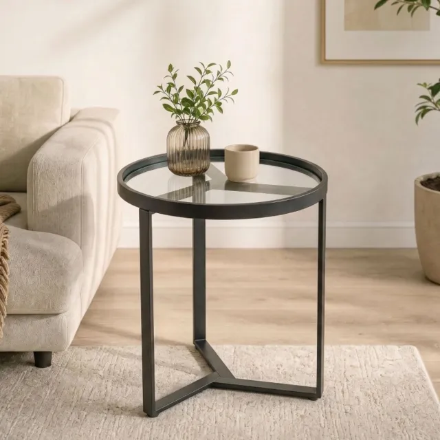 MIVRAY Bijzettafel - Rond Gehard Glas Met Geometrisch Metalen Frame - Modern Voor Woonkamer En Slaapkamer - Zwart - 45 Cm