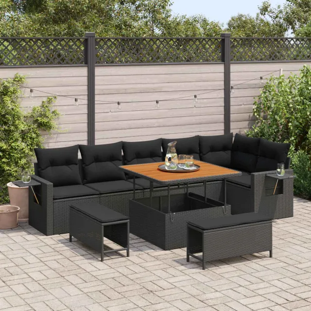 vidaXL Tuinbankenset 9 st Zwart poly rattan, foto 2