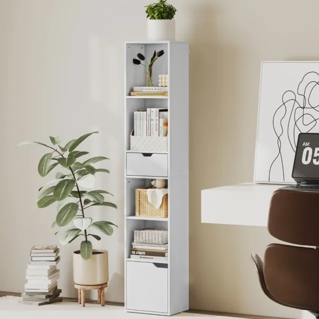 MODENUIT Boekenkast - 6 Vakken Verstelbaar - Lade En Deur Voor Kleine Hoeken - Hout - 30x24x158 Cm - Wit