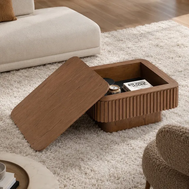 KOMHTOM 75 cm vierkante geribbelde salontafel met verborgen opbergruimte, moderne cocktailtafel van massief hout met fineer, eenvoudig in 5 minuten te monteren accenttafel voor de woonkamer, slaapkamer, appartement of kantoor, walnoot