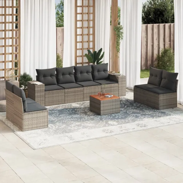 vidaXL 9-delige Loungeset met kussens poly rattan grijs, foto 2