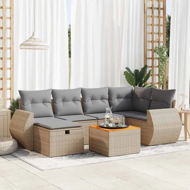 vidaXL 7-delige Loungeset met kussens poly rattan beige, foto 2