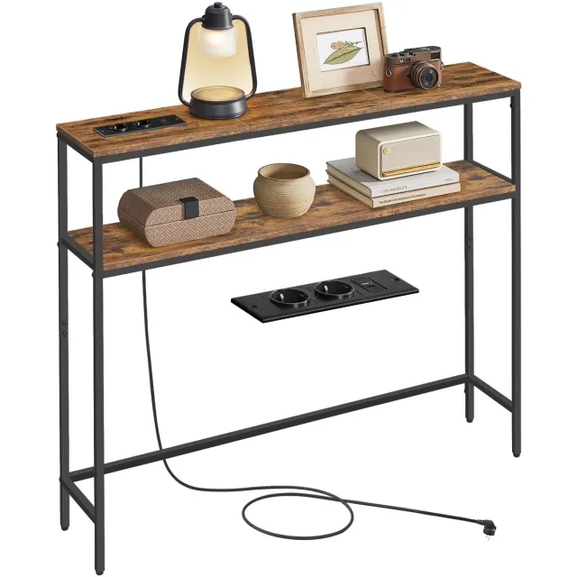 House of Balance Wandtafel - Console Tafel Industrieel Design met Laadstations USB-A, USB-C en 2 Stopcontacten - Smalle Haltafel - Hout en Staal - 100x20x80 cm – 2 Laags – Hal en Woonkamer Zwart
